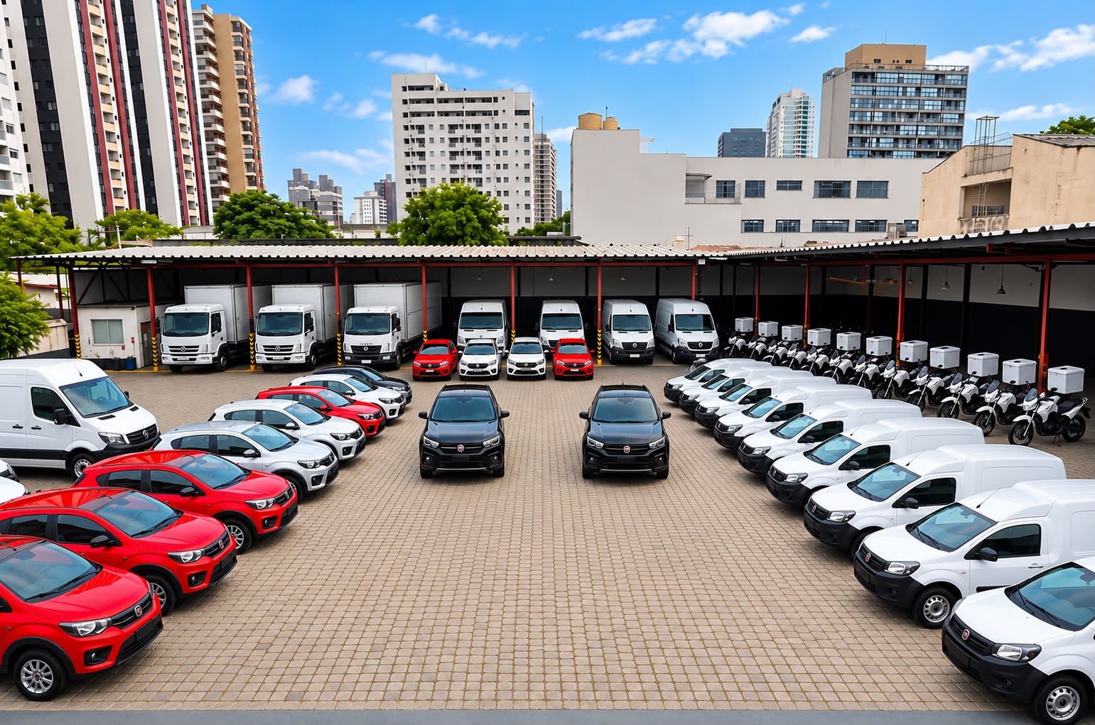 Pátio da Translight com caminhões, motos, carros e utilitários