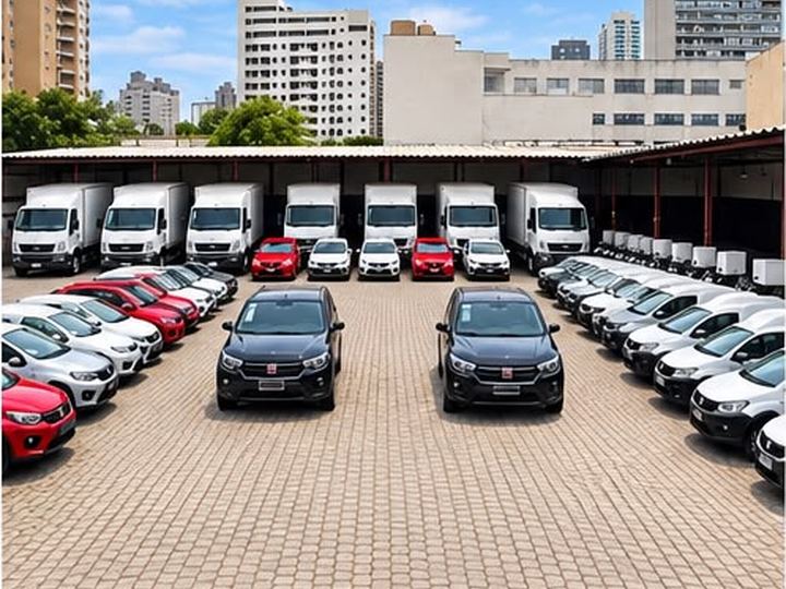 Utilitários alinhados no pátio